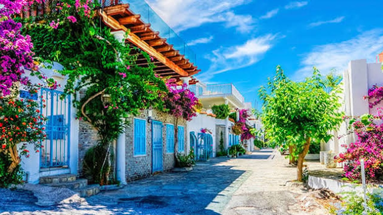 Bodrum'un renkli taş sokakları ve çiçekli evleri